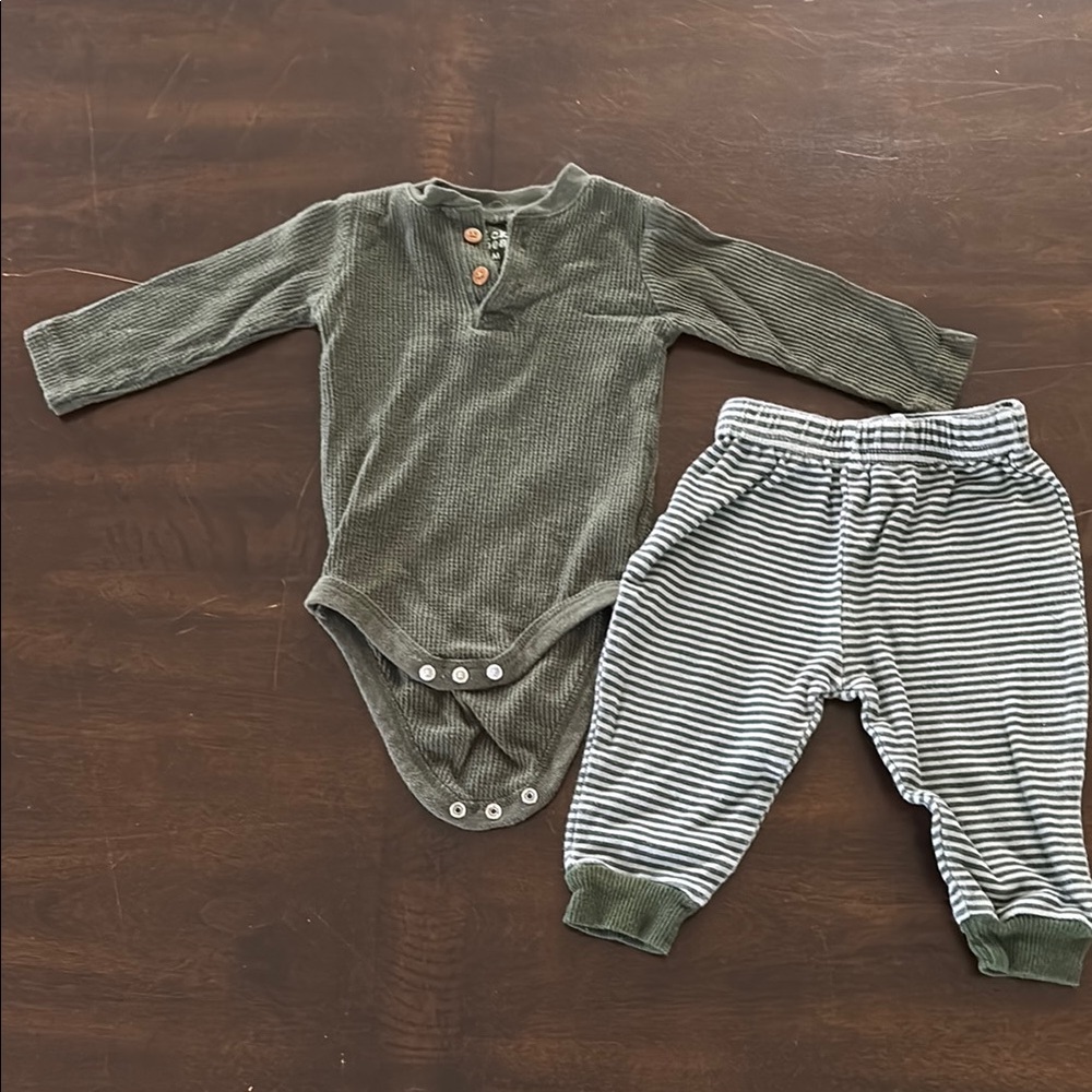 Chick Pea Olive Ribbed Onesie and Striped Pants Set